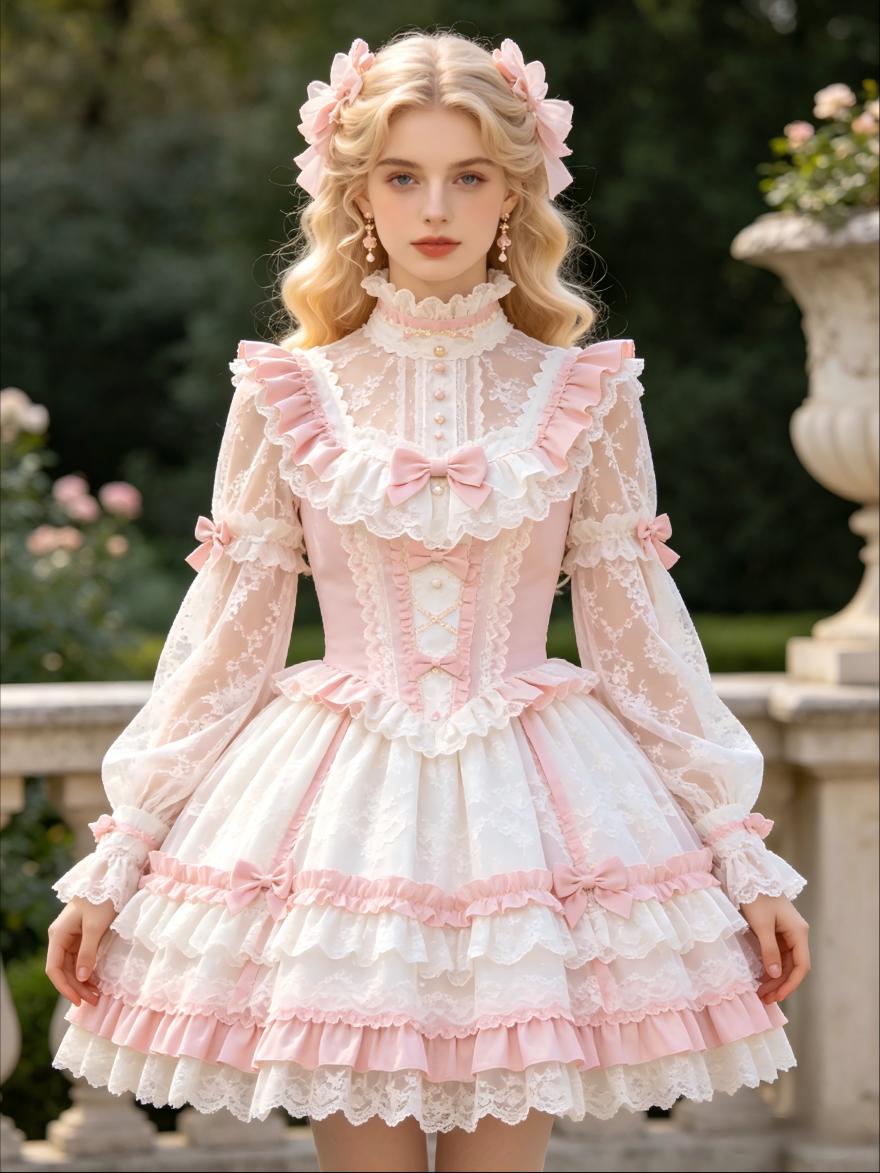 Pink Satin Lace Long Sleeves Ruffle Dress French Maid Cosplay