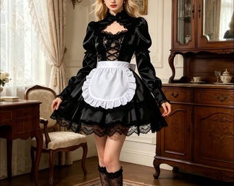 Satin Maid Dress Black Lolita Costume with Ruffled Apron Lace Hem for Cosplay Halloween Themed Parties