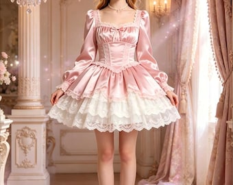 Sexy Sissy Pink Satin Paired With White Lace Lolita Maid Cosplay Costume