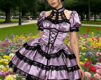 Sexy Sissy French Maid Purple Satin Short Sleeves Multi-Layer Lace Ruffle Cosplay Costume