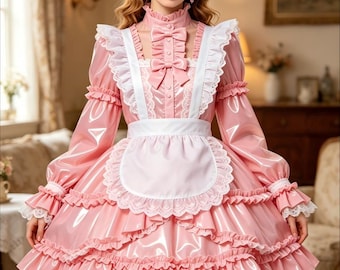 Pink Sissy Lolita Long Sleeves PVC Dress  Multi-layer Lace Ruffle Cosplay Costume