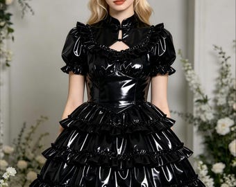 Party Lolita PVC Pleated Maid Wetlook Short Sleeve Sissy Fetish Cosplay Dress