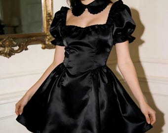 Sissy Black Satin Dress Sexy Maid Cosplay Costume