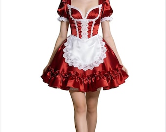 French Maid Red Satin Short Sleeves Ruffle Dress With white apron Cosplay Costume