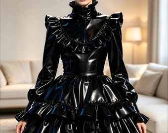 Women's PVC Leather Ruffle Mini Dress High Neck Long Puff Sleeve Tiered Frill Gothic Lolita Short Party Dresses