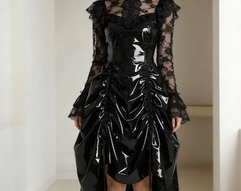 Plus Size Women'S PVC High Neck Lace Long Skirt Gothic Slim Fit Dress