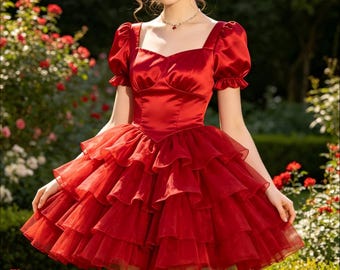 Red Satin Puff Sleeve Tiered Tulle Mini Dress Sweetheart Neck Cocktail Gown