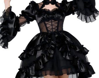Sissy Black Satin Long Sleeved Pleated Dress, Maid Role-Playing Costume