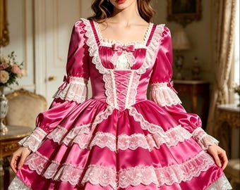 Sexy Sissy Pink Satin White Lace Ruffled Dress Maid Cosplay Costume