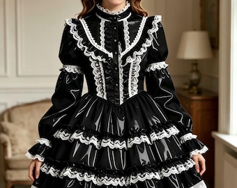 Black PVC Sexy Sissy French Maid  Multi-Layer Lace Ruffled Dress Cosplay Costume