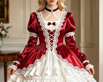 Sexy Sissy French Maid Red Satin Multi-Layer Lace Ruffled Dress Cosplay Costume