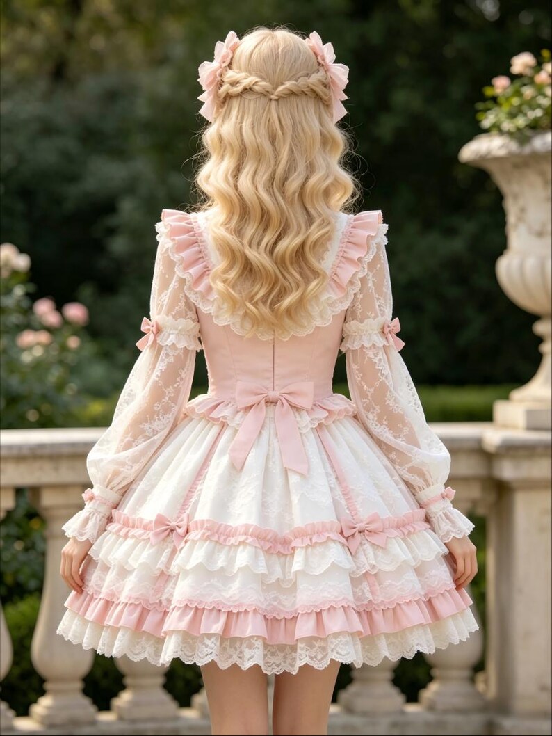 Pink Satin Lace Long Sleeves Ruffle Dress French Maid Cosplay Costume ...