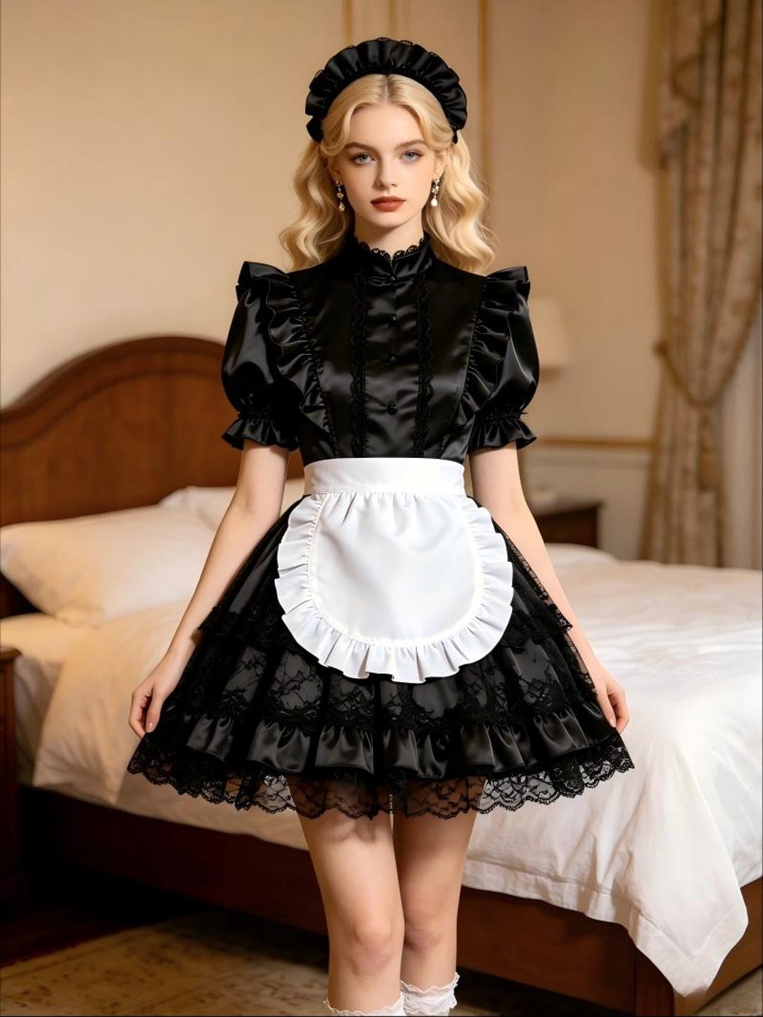 Black Satin Maid Lolita Dress With White Apron Lace Trim Gothic Cosplay ...