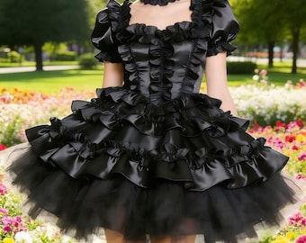 Sexy Satin Black Lace Ruffle Fluffy French Maid Dress Cosplay