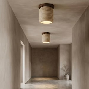 Travertine Flush Mount Light | Ribbed Stone, Walnut Wood Japandi Fixture