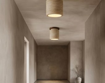 Lámpara de techo empotrada de travertino / Piedra acanalada, luminaria Japandi de madera de nogal