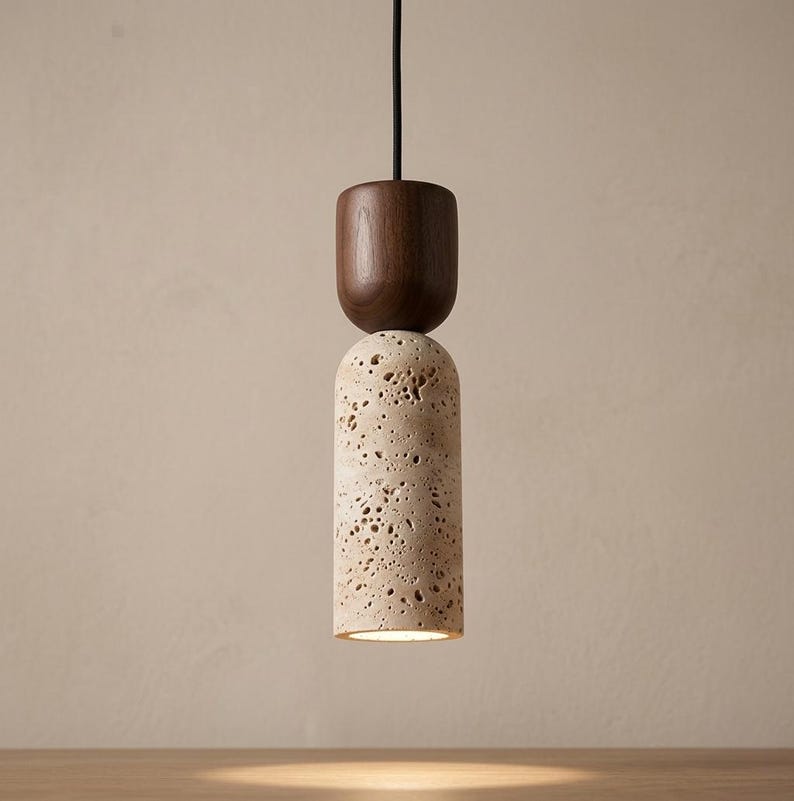Lámpara colgante cilíndrica de travertino / Lámpara de comedor Japandi de madera y piedra natural Dark Walnut