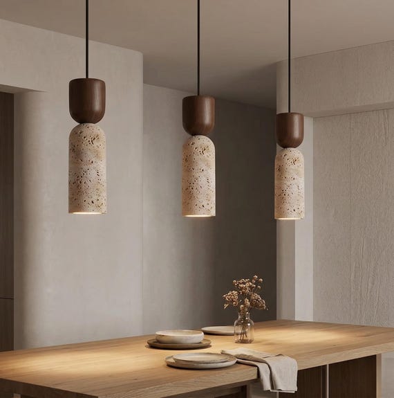 Travertine Cylinder Pendant Light | Natural Stone Wood Japandi Dining Lamp