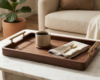Bandeja de servir de madera de nogal con asas doradas / Decoración otomana Japandi Wabi Sabi