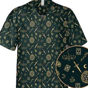 May include: Dark green button-down shirt with a repeating pattern of gold-colored occult symbols, including swords, moons, and pentagrams. The shirt has short sleeves and a classic collar. A circular detail shows a close-up of the pattern.