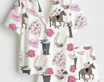 Horse Racing Silk Pajamas for Women, Derby Day Floral Satin Sleepwear Set, Elegant Equestrian Short Sleeve PJs, Luxury Gift for Horse Lover
