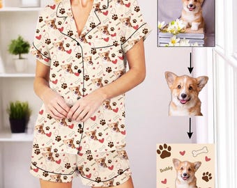 Pijama personalizado con cara de perro, pijama personalizado con foto de mascota, regalo para mamá de Corgi, conjunto de pijama personalizado para mujer, regalo divertido para amantes de las mascotas, regalo de cumpleaños para ella.
