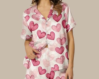 Paris Eiffel Tower Pajama Set - Romantic French Cafe Aesthetic Sleepwear - Bon Jour Pink Loungewear - Cute Valentine's Gift for Her Silk Pjs