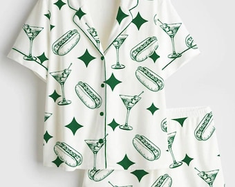 Martini Hotdog Pajama Set – Emerald Green Satin Sleepwear (Unisex)