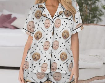 Custom Cat Face Pajama Set - Personalized Pet Photo Sleepwear - Rainbow & Heart Aesthetic Loungewear - Unique Cat Mom Gift for Her Silk Pjs