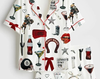 Satin Pajama Set, Western Cowboy Horse Print, Short Sleeve Sleepwear