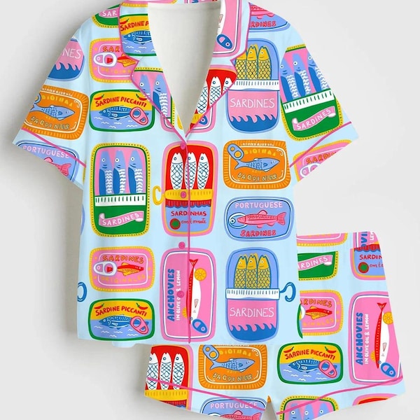Sardines Tin Print Satin Pajama Set, Pop Art Fish Sleepwear Loungewear