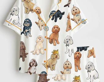 Cute Goldendoodle Pajama Set, Custom Dog Mom Pjs, Personalized Poodle Sleepwear, Short Sleeve Loungewear for Women, Gift for Dog Lovers