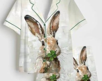 Artistic Rabbit Clover Silk Pajamas, Cute Bunny Luck Satin Sleepwear Set, Aesthetic Oil Painting Short Sleeve PJs, Lucky Gift for Women her