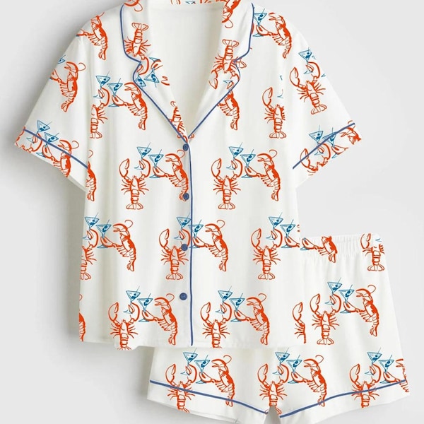 Lobster Martini Satin Pajama Set, Unisex Coastal Summer Sleepwear