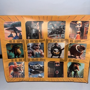 May include: A decorative tray with twelve square cutouts, each containing a unique cartoon image. The images include a shark wearing sneakers, a cat with a camera, a duck with a jet, and other whimsical characters. The tray has a light brown border.