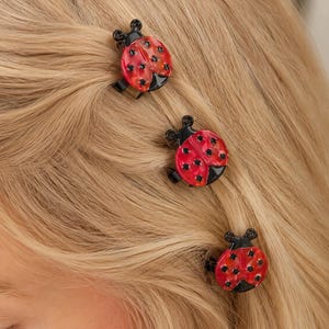 May include: Three ladybug hair clips are placed in blonde hair. The ladybugs are red with black spots and black heads. The hair clips are small and add a playful touch to the hairstyle.