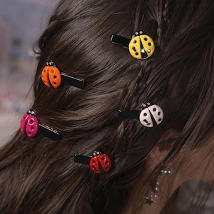 May include: A set of five hair clips featuring ladybug designs in yellow, orange, pink, white, and red. Each ladybug is attached to a black metal snap clip. The ladybugs have black spots and a small black head detail, providing a colorful accessory.