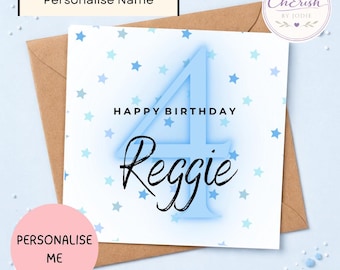 Personalised 4th Birthday Card | Boy | Custom Name Age 4 | Cute Blue 4th Birthday Card for Son Grandson | Blue Number With Stars