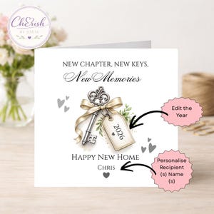Pu&ograve; includere: Un biglietto d'auguri quadrato con l'illustrazione di una chiave argentata decorata, legata con un nastro beige e un'etichetta con scritto 2026. Il testo recita: NEW CHAPTER, NEW KEYS, New Memories, HAPPY NEW HOME e il nome CHRIS.