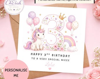 May include: A square birthday greeting card featuring a white background with a large number 3 decorated with flowers, a gold crown, and a unicorn. The card includes balloons, a rainbow, and the text HAPPY 3RD BIRTHDAY TO A VERY SPECIAL NIECE Lola.
