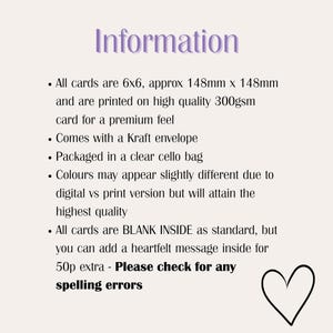 May include: An informational graphic with the title Information in purple text. It lists product details: 6x6 inch cards, 300gsm cardstock, Kraft envelope, clear cello bag packaging, color variation notes, and that cards are blank inside with a heart icon.