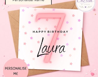 Personalised 7th Birthday Card | Girl | Custom Name Age 7 | Cute Pink 7th Birthday Card for Daughter Granddaughter | Pink Number With Stars