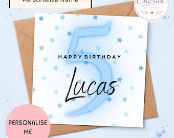 Personalised 5th Birthday Card | Boy | Custom Name Age 5 Card | Cute Blue 5th Birthday Card for Son Grandson | Blue Number With Stars
