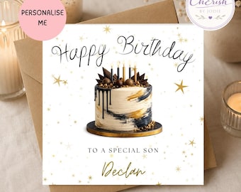 Personalised Birthday Card For Him | Custom Name Birthday Card | Son Birthday Card | Elegant Birthday Cake Card | Birthday Card For Men