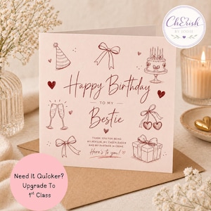 Op de afbeelding: Een vierkante wenskaart met een lichtroze achtergrond en donkerrode lijntekeningen. De tekst luidt Happy Birthday TO MY Bestie, gevolgd door Thank you for being my person, my cheerleader and my partner in crime. Here's to you!
