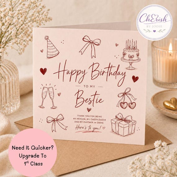 Bestie Birthday Card | Cute Best Friend Birthday Card | Funny Friendship Card | Birthday Card for Best Friend | Girly Aesthetic Card for Her