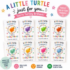 Peut inclure: Huit petits sachets cadeaux avec des jouets en forme de tortue de différentes couleurs. Chaque sachet porte l'inscription "A little turtle just for you... You're Turtley Brilliant !" et est décoré d'étoiles. Idéal pour les cadeaux de classe.