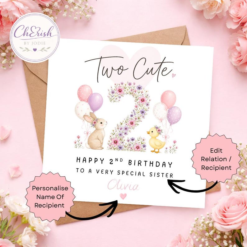 May include: A square birthday greeting card featuring the text Two Cute and Happy 2nd Birthday to a very special sister. The design includes a large number two made of flowers, a brown bunny, a yellow duckling, and pastel-colored balloons.
