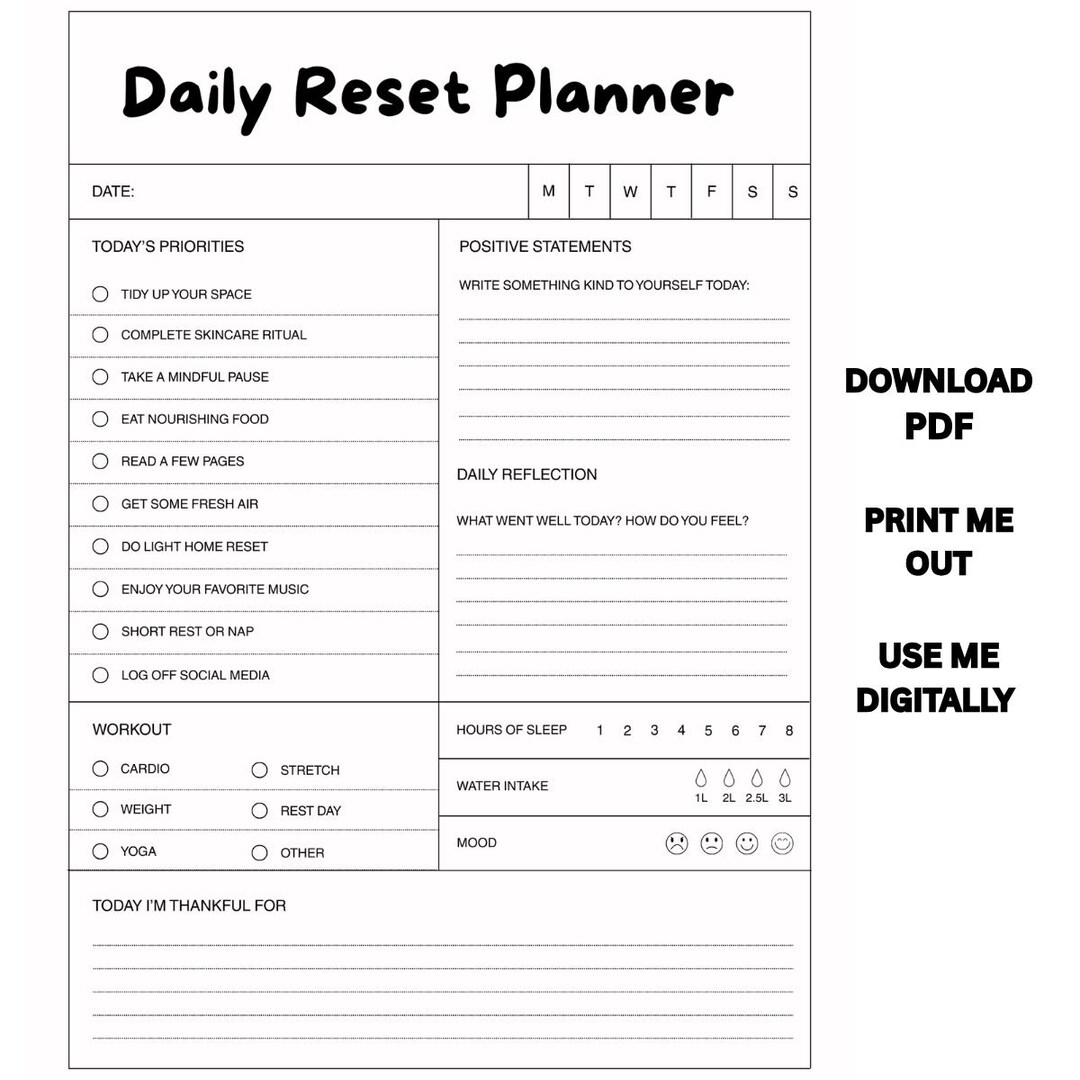 Daily Reset Planner Printable | Self Care Planner | Daily Reflection ...
