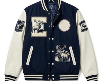 Giacca stile college/bomber da college blu navy con logo Deer, cappotto in lana stile college